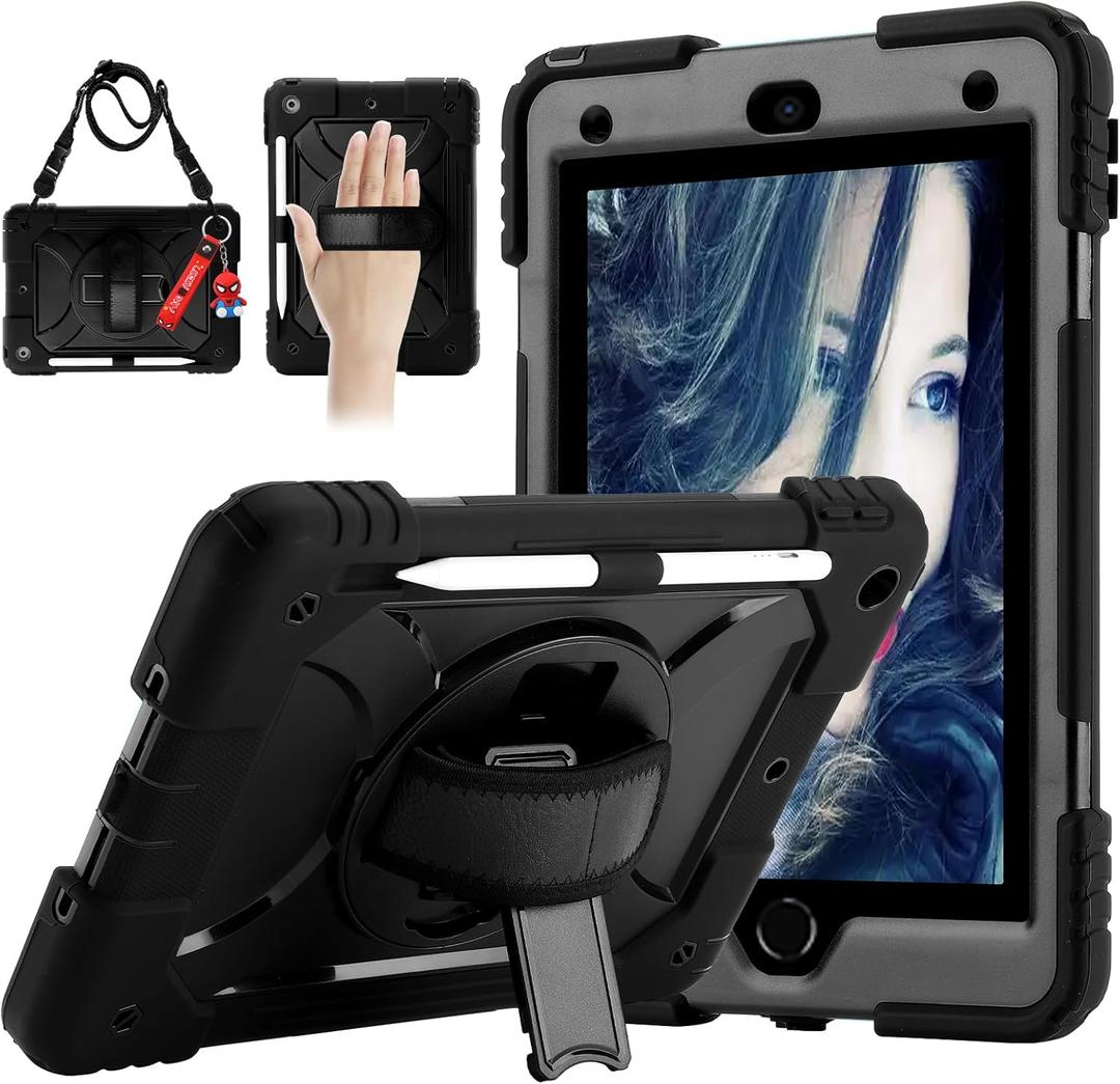 for iPad 9th/8th/7th Generation Case,iPad 10.2 Case 2021/2020/2019, with Cute Key Chain, Rugged Protective Case with 360Rotating Stand & Shoulder Hand Strap & Pen Slot for 10.2 Inch (Black)