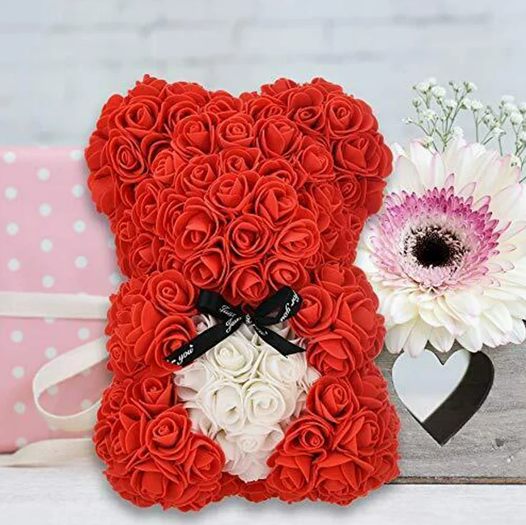 Handmade Rose Flower Teddy Bear - Valentines Day Gifts for Her,10 inch Artificial Rose Flower Bear,for Valentines Day, Wedding, Mothers Day and Anniversary, Including Transparent Gift Box (Red)