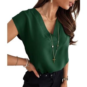 Lynwitkui Women's V Neck Chiffon Blouses Cap Sleeve Shirts Casual Loose Work Office Solid Tops Dark Green XL
