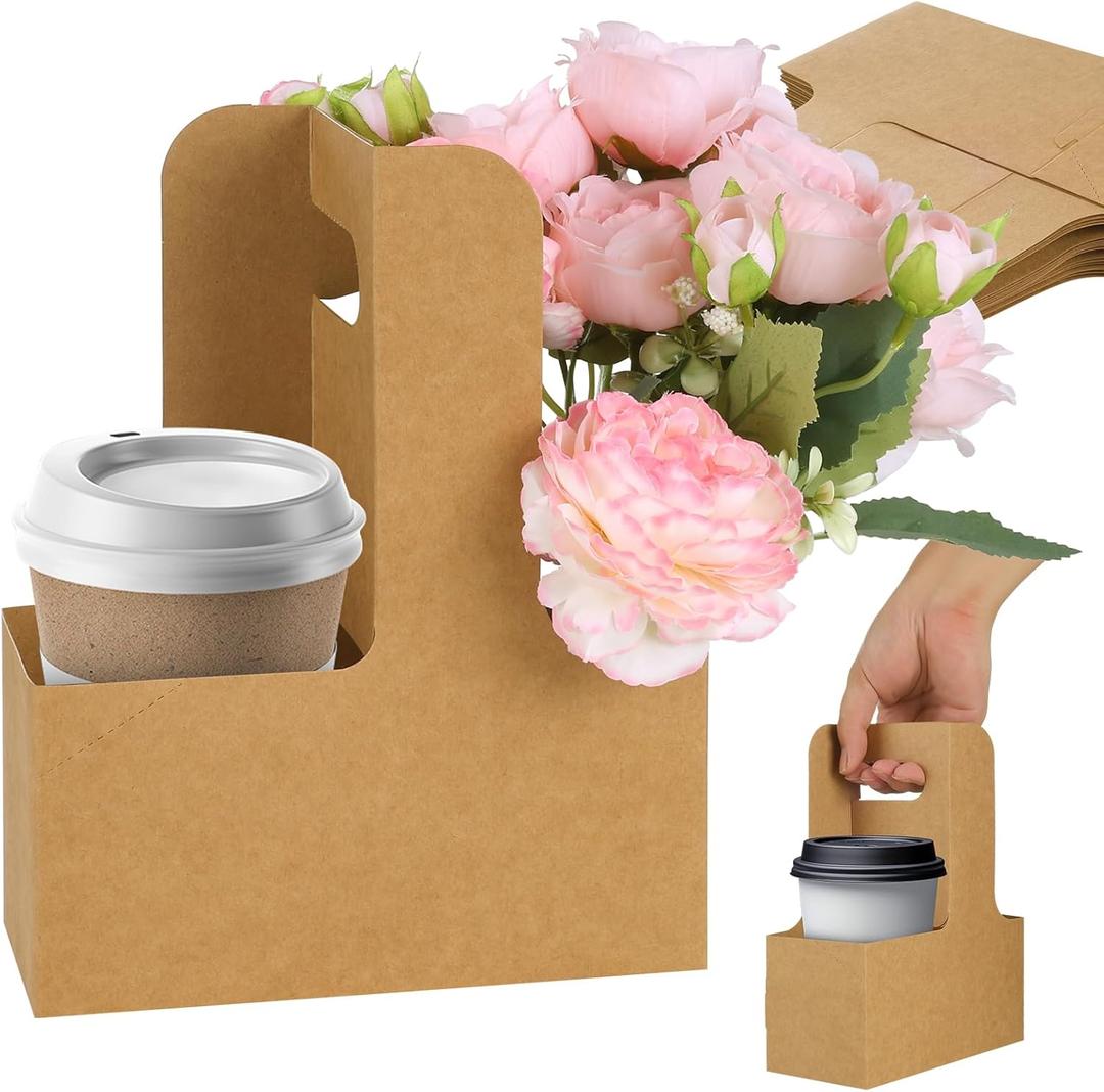 60 pcs Brown Kraft Paper 2 Cup Drink Carrier with Handle Disposable Kraft Paperboard Cup Holder for Hot or Cold Drinks, Take-Out Cup Carrier & Coffee Carrier for Food Delivery, 2-Cup Drink Tray