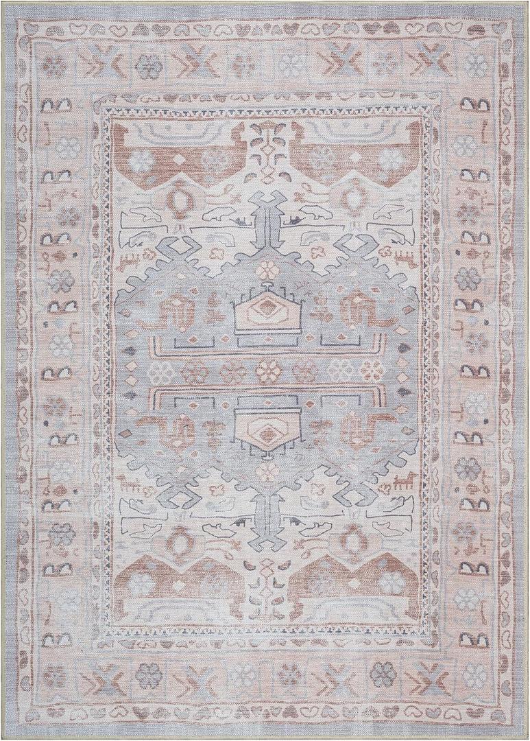 Turkish Rug. Washable Vintage Oriental Antique Inspired Traditional Doormat Small Modern Area Rugs Luxury Entryway Entry Bedroom Bathroom Kitchen (403CC, 9' x 12')