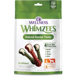 Whimzees Wellness Brushzees Natural Dog Dental Treat, VOHC Accepted Chews, Freshens Breath, Large Size, 12.7 oz Bag, 6 Count (EXP 05/15/26)