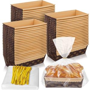75 Sets Loaf Pans Disposable Paper Baking Loft Mold Bulk 6 x 2.5 x 2 Inch Rectangle Baking Pans with Bags Ties for Quick Bread Small Pumpkin Breads, Microwave Oven Freezer Safe