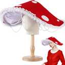 Mushroom Hat Renaissance Medieval Costume Cosplay Victorian Fairy Accessories with Bead Lace Brim Cap (Red)
