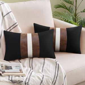 JASEN Set of 2 Faux Leather Pillow Cover 12x20, Black and White Decorative Throw Pillow Covers Brown Modern Stripe Accent Cushion Cover Couch Bed Sofa