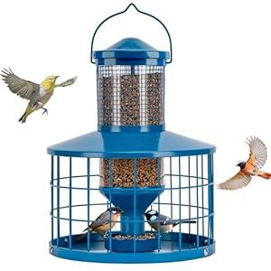 Caged Bird Feeders Squirrel-Proof, Metal, 2.8Lbs Capacity-Cage Tube Seed Feeders with Tray, Hanging Wild Bird Feeders, Attract Birds,Detachable Cleaning, Starling Proof Wild Bird Feeder (Blue)