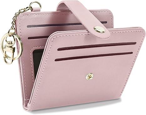 Small Wallets Woman RFID Blocking Leather Credit Card Holder - with ID Window - Card Wallets for Women - with Zipper Coin Purse - Keychain Wallet (Light Pink)
