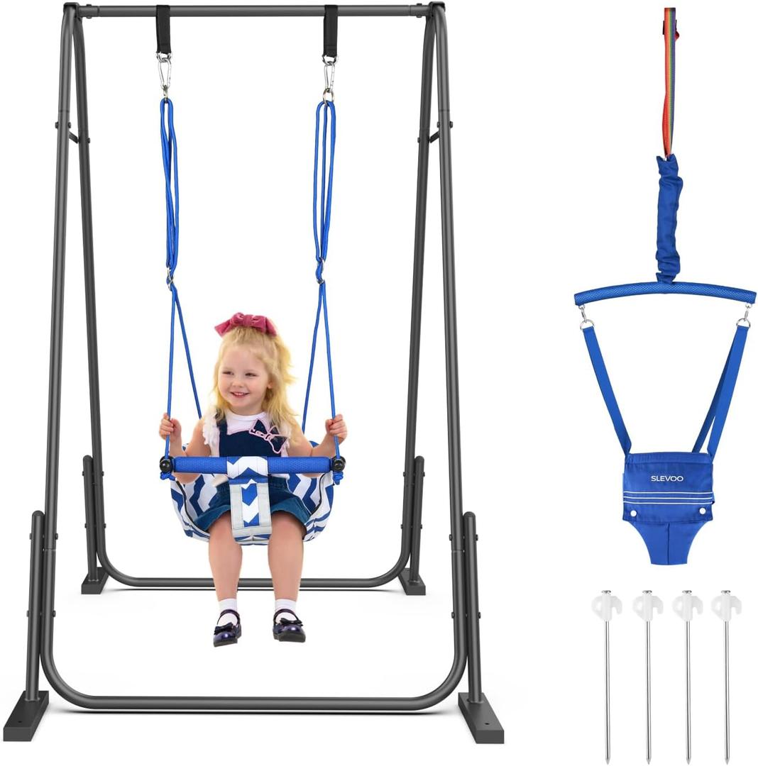Slevoo 2 in 1 Baby Jumper and Swing, Toddler Swing Set with Foldable Stand, Ages 6 Months to 6 Years, for Indoor and Outdoor Fun, Blue