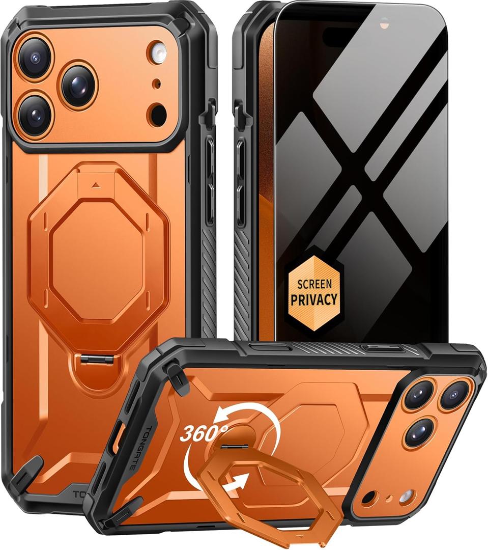 TONGATE for iPhone 17 Pro Case with 360 Spin Magnetic Stand, [Compatible with MagSafe][Military-Grade Protection] with Privacy Screen Protector & Camera Control Cover for iPhone 17 Pro, Orange