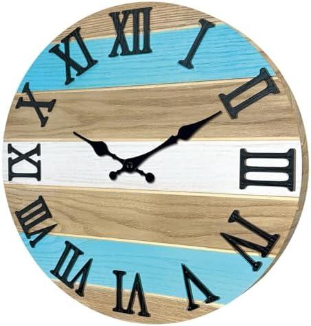 Blue Solid Wood Wall Clocks for Living Room Decor Round Farmhouse Wall Clocks Battery Operated 16 Inches or Large Rustic Wall Clock Silent Non Ticking
