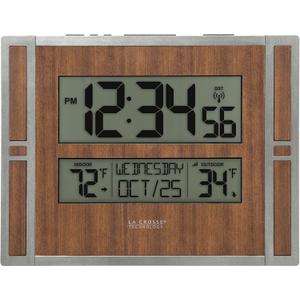 La Crosse Technology BBB86088 Atomic Digital Wall Clock with Indoor & Outdoor Temperature (11.00"L x 1.10"W x 8.54"H (Pack of 1), Golden Brown)