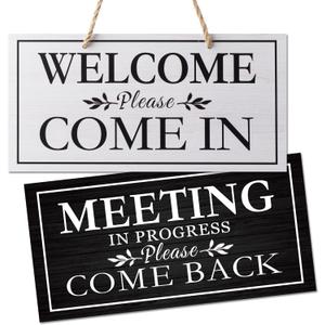 Double-Sided Office Door Hanger Sign, Acrylic Welcome Please Come In, Meeting In Progress Please Do Not Disturb, Red/Green and Wood Grain Options (Beige Black(flower))