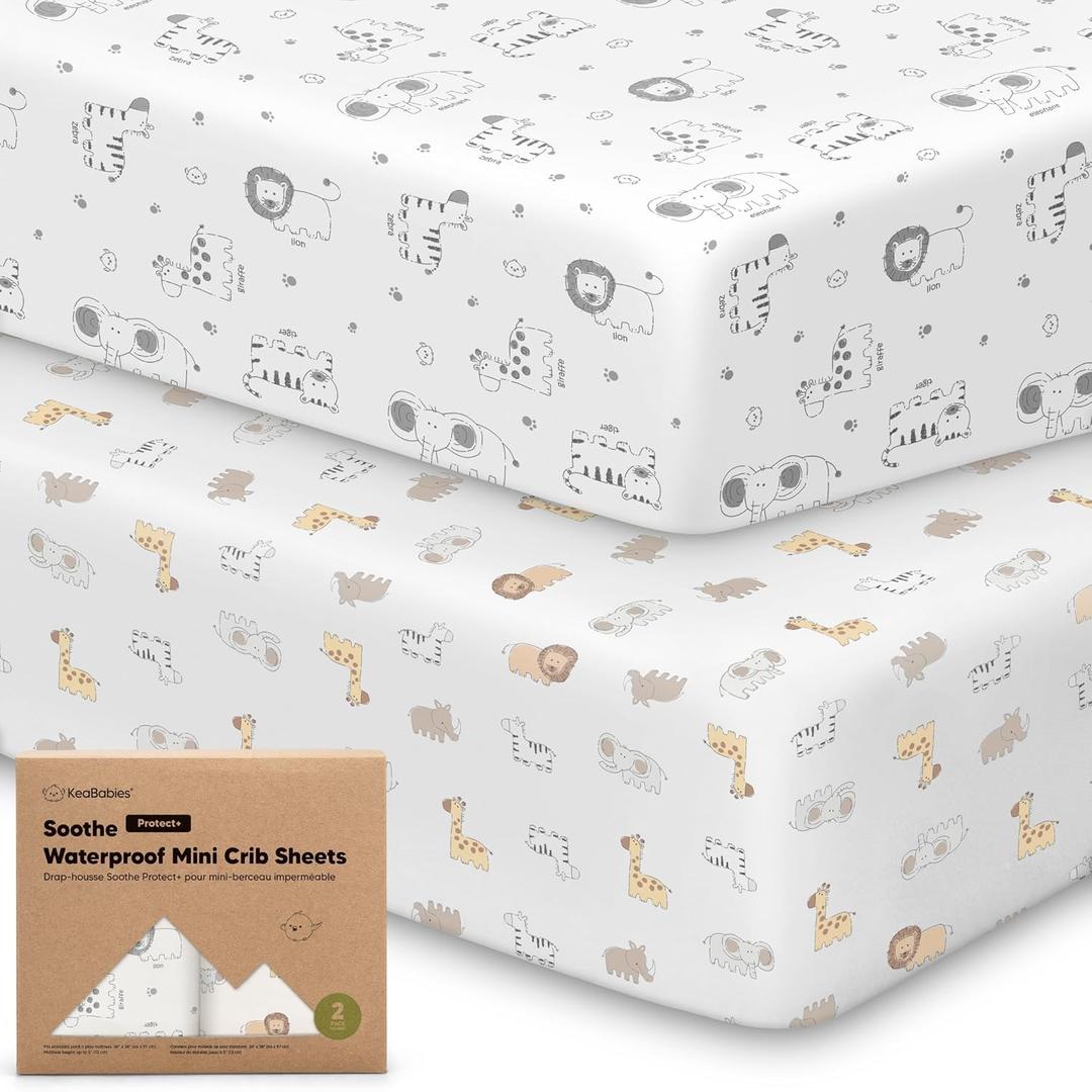2 Pack and Play Sheets, Waterproof Mini Crib Sheets Fitted - 38x26 Organic Cotton Pack N Play Sheets for Graco Pack and Play Mattress, Playard Baby Crib Sheets,Neutral for Boy,Girl,Toddler(KeaSafari)