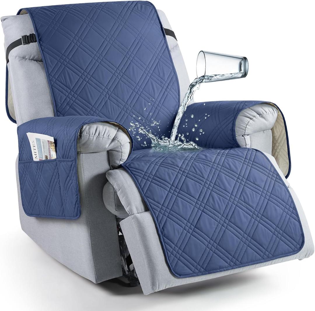TAOCOCO 100% Waterproof Recliner Chair Cover, Non Slip Recliner Covers for Reclining Chair with Pocket, Washable Reclining Chair Cover Furniture Protector for Kids, Pets (Recliner Chair, Ocean Blue) (23.6'')