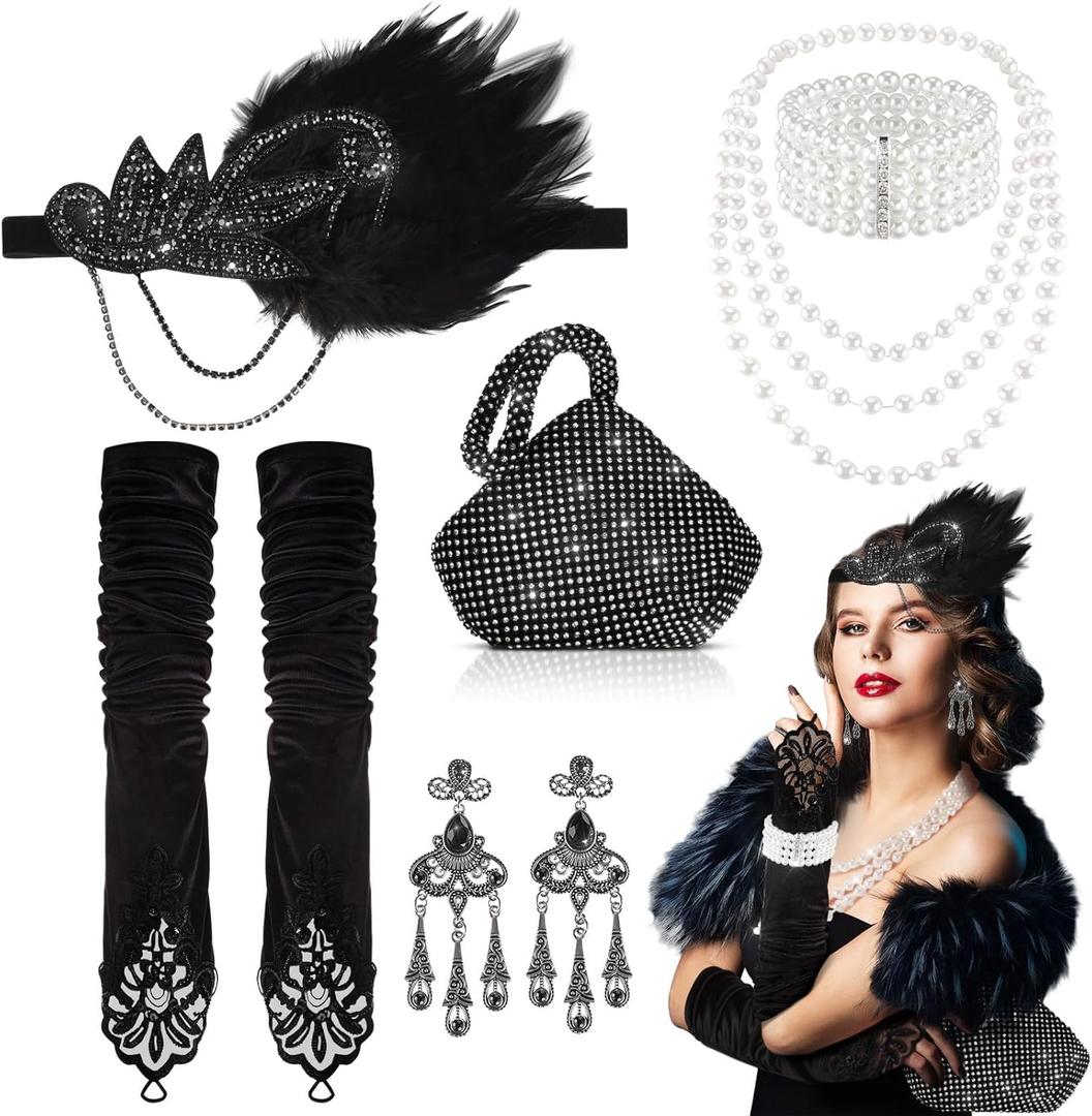 Jspupifip 9 Pcs 1920s Flapper Great Gatsby Accessories Roaring 20s Accessories for Women 1920s Costume Gatsby Headband Clutch