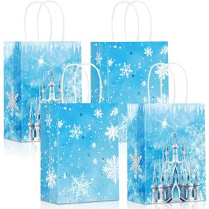 24Pcs Snowflake Gift Paper Bags Snowflake Castle Candy Treat Goodie Bags with Handle for Wonderland Snowflakes Birthday Winter Party Supplies