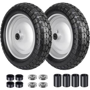 4.80/4.00-8 Tire, 14.5" Flat Free Wheelbarrow Tire and Wheel, 5/8" 3/4" Bearings Solid Replacement Tires, 3" -7" Centered Hub, Universal Fit 3.50/3.00-8, 4.00-6 Trolley Dolly Go Kar, 2 Pack