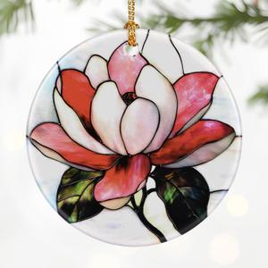 Magnolia Flower Ornament Christmas Decoration & Christmas Ornament; Round Ceramic (Holiday Present, Bauble Present, Gift Idea, and Gift Exchange) | Heirloom Keepsake