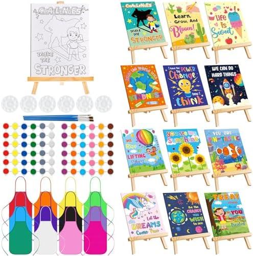 Ireer 12 Set Kids Paint Party Set 8 x 10 Sip and Paint Kit Include 12 Printed Pre Drawn Canvas, Easels, Palettes, Apron 36 Brushes for DIY Art Back to School Party Birthday(Inspirational)