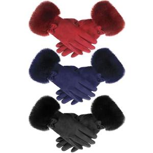 Shihanee 3 Pairs Women Winter Gloves with Fur Cuff Touchscreen Suede Red Black Blue Gloves Fleece Lined Bow Tied Cold Weather Warm Thermal for Texting Gifts Driving Running