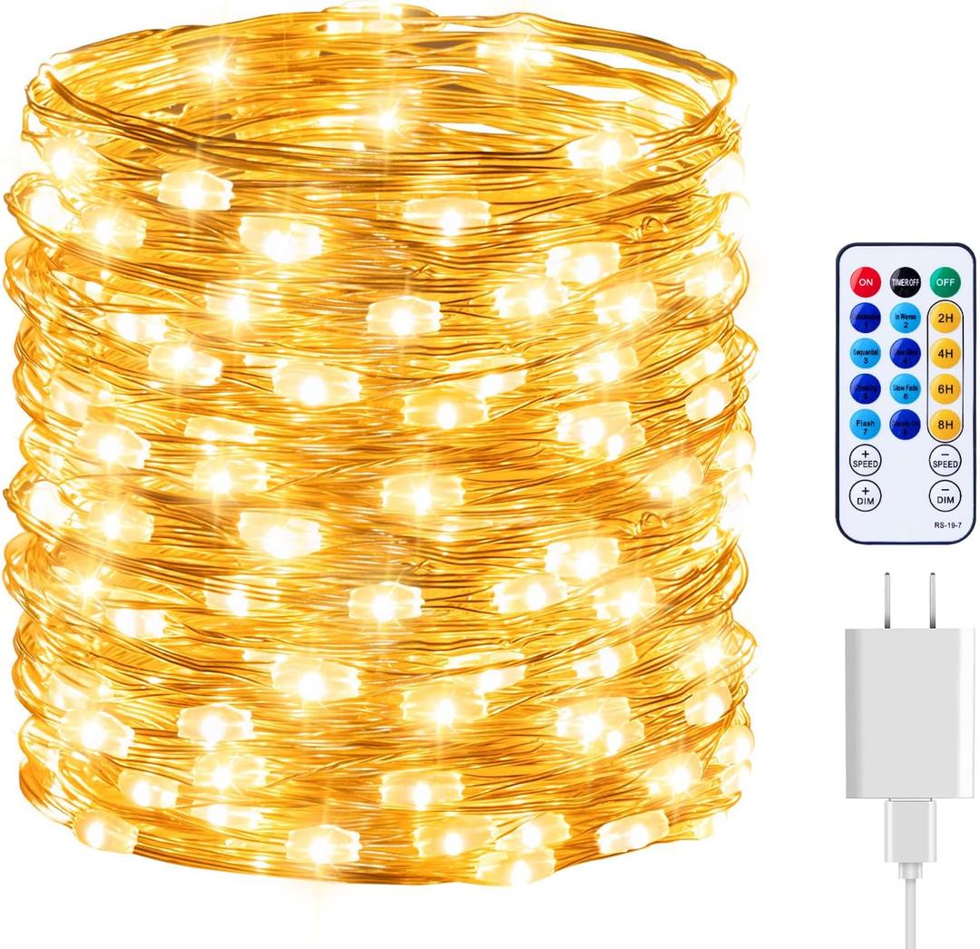 Minetom Fairy Lights with Remote, 7 Feet 200 Led Firefly String Lights Plug in for Bedroom Home Wall Ceiling Christmas Tree Wreath Craft Wedding Party Indoor Outdoor Decoration, Warm White