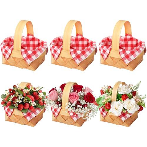 Geelin 6 Pcs Mini Woven Basket with Handle and Red White Gingham Paper Napkins Wood Chip Mini Flower Fruit Picnic Basket Chip for Easter Spring Wedding Party Gift Decoration (Large)