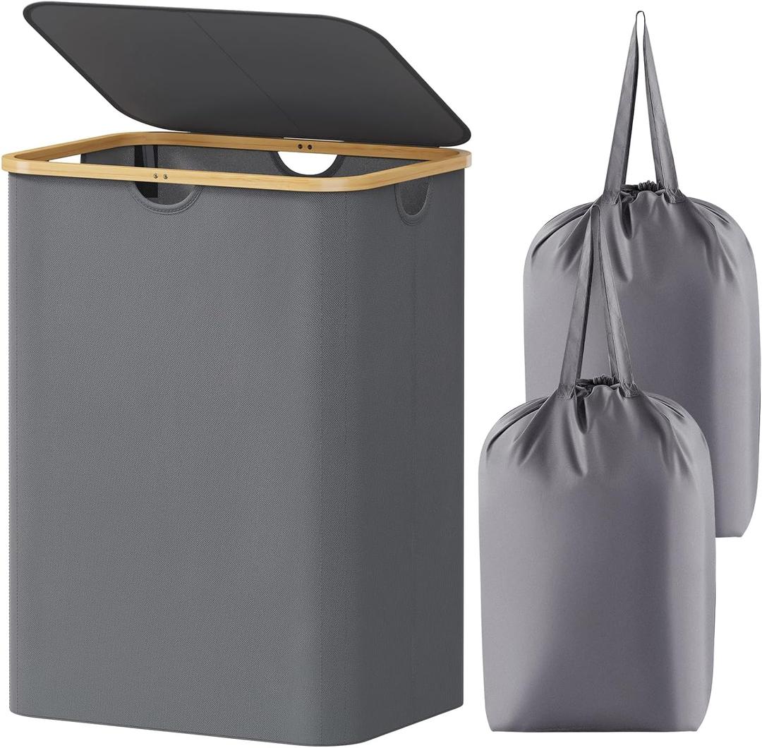 Lifewit Foldable Laundry Basket with Lid, Bamboo Handles and 2 Removable Bags, Large for Bedroom, Bathroom, Dorm, Grey (150L)