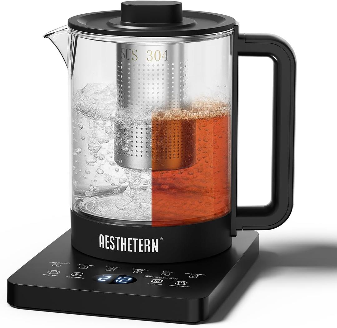 Electric Tea Kettle with Infuser Temperature Control and Automatic Shut Off 24 H Keep Warm for Coffee Water Heater and Tea Pot Glass Black 1.5L