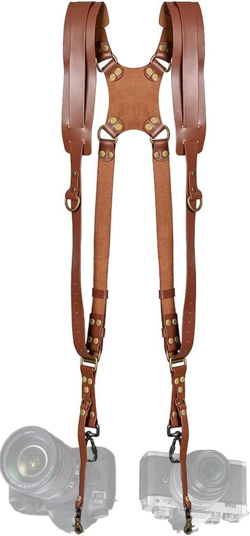 JUSTHERE Camera Harness, Dual Camera Harness for Photographers, Leather Camera Strap for Two-Cameras for DSLR/SLR Strap (Brown)