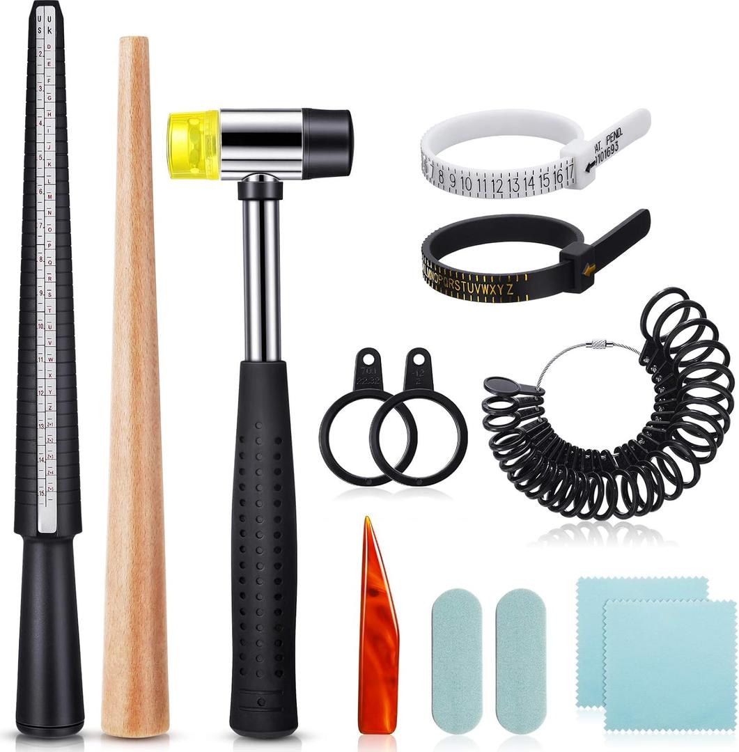 11 Pieces Us UK Ring Mandrel Set, Size 1-13 with Half Size Ring Sizer Gauge Jewelry Mandrel Jewelry Hammer Adjuster Polishing Cloth Polishing Stick Polished Agate Knife Measuring Tool(Black)