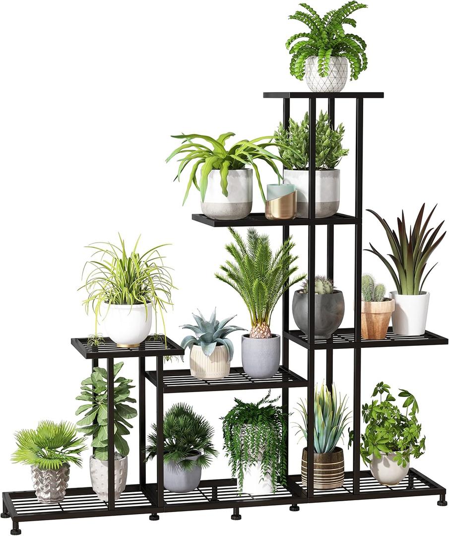 Twhep Heavy Duty Metal Plant Stand, 5 Tiers Multifunctional Plant Stand for Indoor Outdoor, for Tall Large Rack for Living Room Garden Balcony, Black