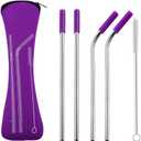 Set of 4 Pieces Stainless Steel Straws,Reusableï¼ŒWith Cleaning Brush and Zipper Pouch Bag(Purpleï¼‰