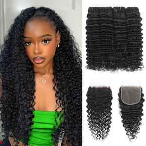 Deep Wave Human Hair Bundles with Closure 16 18 20 22+14 Inch 5x5 HD Lace Closure 15A Deep Curly 4 Bundles Human Hair More Full and Thick 100 Brazilian Virgin Wet and Wavy Water Wave Bundle Human Hair