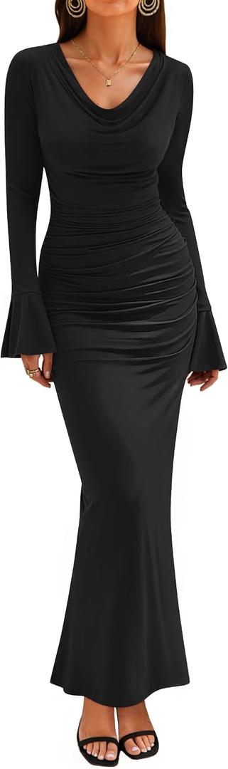 ZESICA Women's Fall Long Sleeve Ruched Knit Cowl Neck Back Slit Maxi Dress (Black)