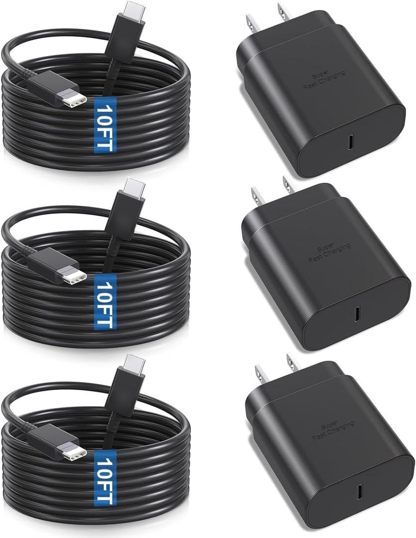 Samsung Super Fast Charger,3 Pack Type C 25W USB C Wall Charger Fast Charging with 10FT Long Type C to C Cable for Samsung Galaxy S25 Ultra/S25/S25+/S24+/S24 Ultra/S24/S24+/S23 Ultra/S22 Ultra
