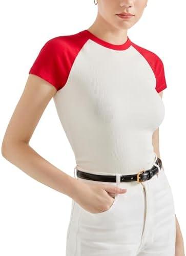 SUUKSESS Women Ribbed Striped Short Sleeve Slim Fit Tops Summer Crew Neck Color Block Going Out T Shirt XL