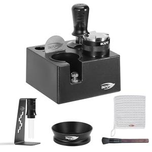 IKAPE 53MM Black Espresso Tool Set 8 IN 1, Coffee Tamper, Distributor, Magnetic Funnel, Puck Screen, Tamper Station, Stirrer Distribution Tool, Cleaning Towel and Brush