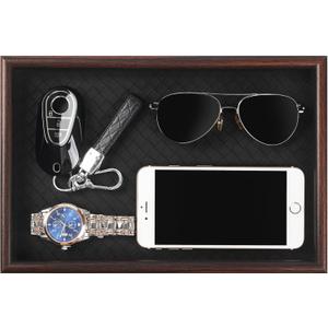 Wooden Valet Tray with Leather Base - Nightstand Catchall Organizer for Cologne, Perfume, Keys, Wallet, Phone, Watch, Jewelry & Sunglasses (Black)