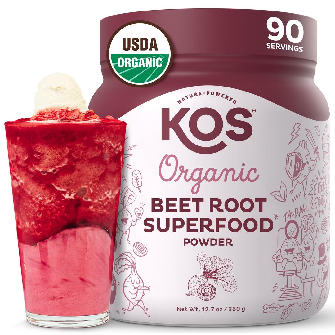 KOS Organic Beet Root Powder, USDA Organic - Natural Nitric Oxide Booster, Superfood Plant Based Beetroot Antioxidant, Supports Active Lifestyle & Healthy Circulation, Soy & Gluten-Free - 90 Servings, Best By 11/11/2027