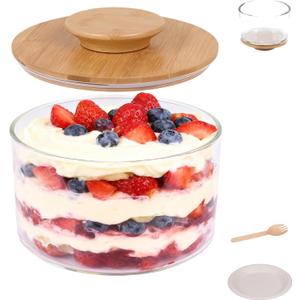 141oz Trifle Bowl with Lid, High Borosilicate Glass Serving Bowls with Lids & Bamboo Cover, 2-in-1 Pedestal Salad Bowl & Trifle Dish, 20 Forks & Plates Included for Party