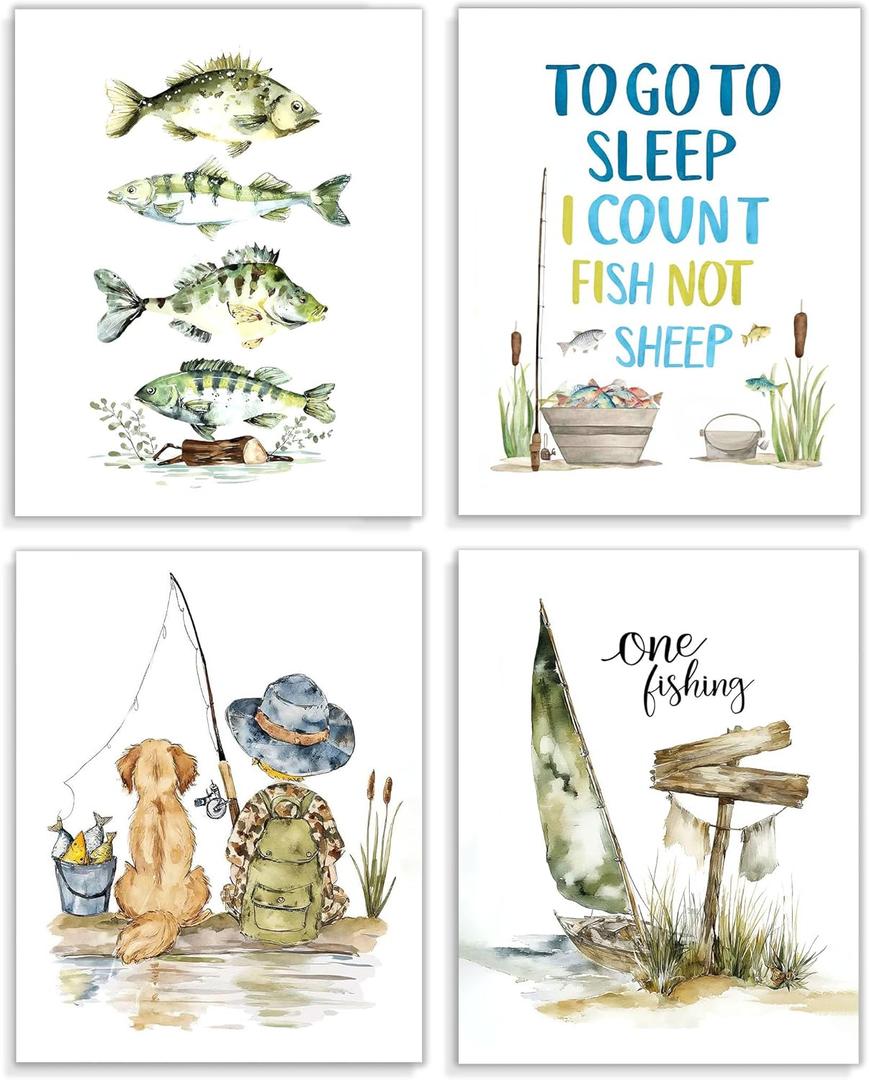 Frimeeme Fishing Theme Nursery Wall Art Prints,4Pcs Nursery Hunting Wall ArtNursery fishing wall artHunting Dog Posters Prints for Boys Room Farmhouse Canvas 8 x 10 In Unframed