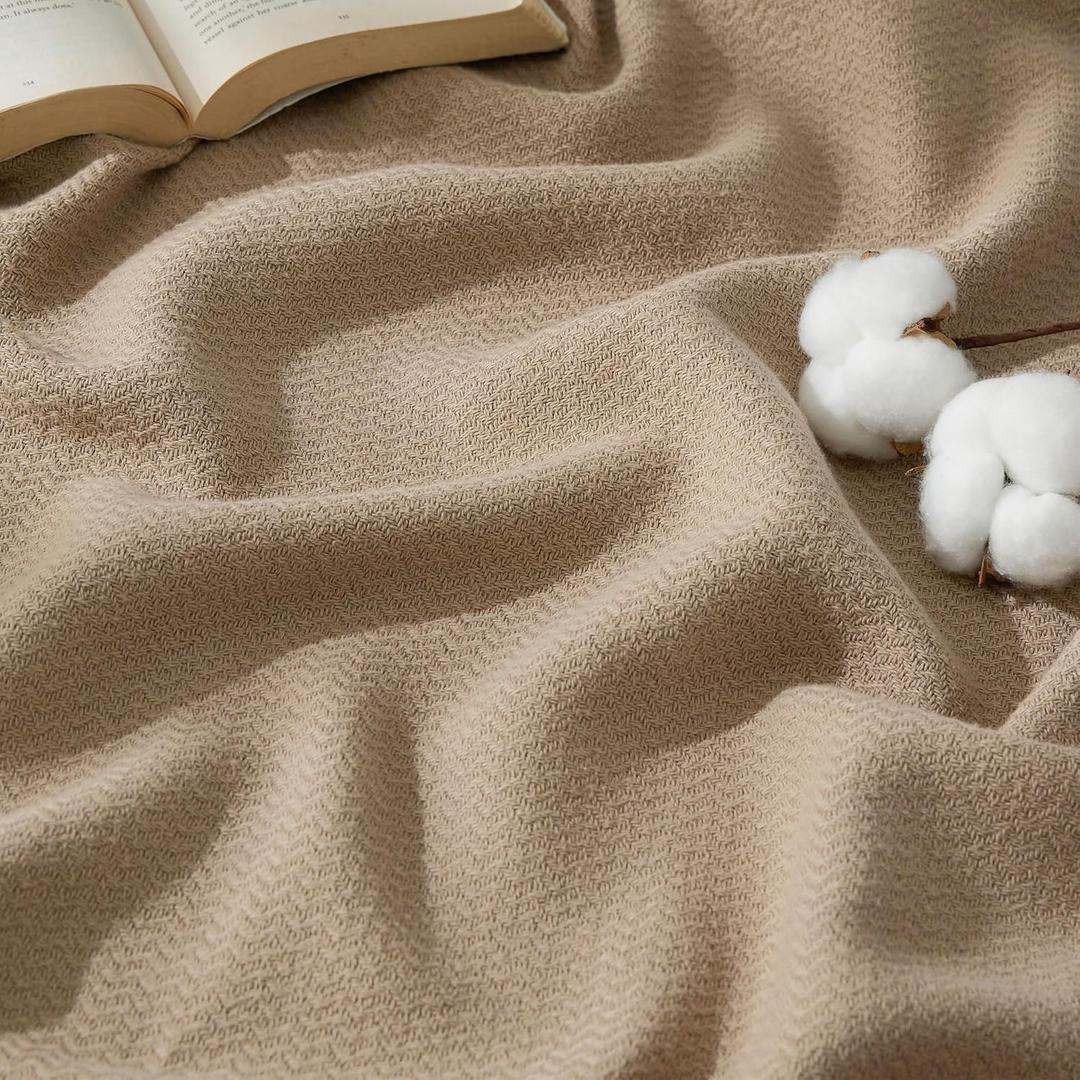 Bedsure GentleSoft 100% Cotton Large Blanket Oversized King for Bed 120x94 inches - Breathable Soft Cozy Herringbone Woven Blanket for Summer, Couch Cover, Light Brown