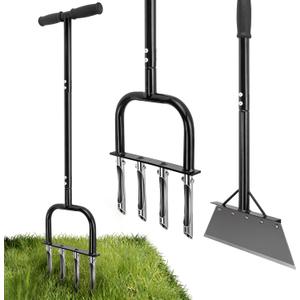 Easymake 2-in-1 Lawn Aerator, Lawn Tool Manual with 4 Hollow Tines Non-Clogging Heavy Duty Plug Aerator for Soil Loosening Lawn Aeration, Revives Lawn Health, Garden Tool
