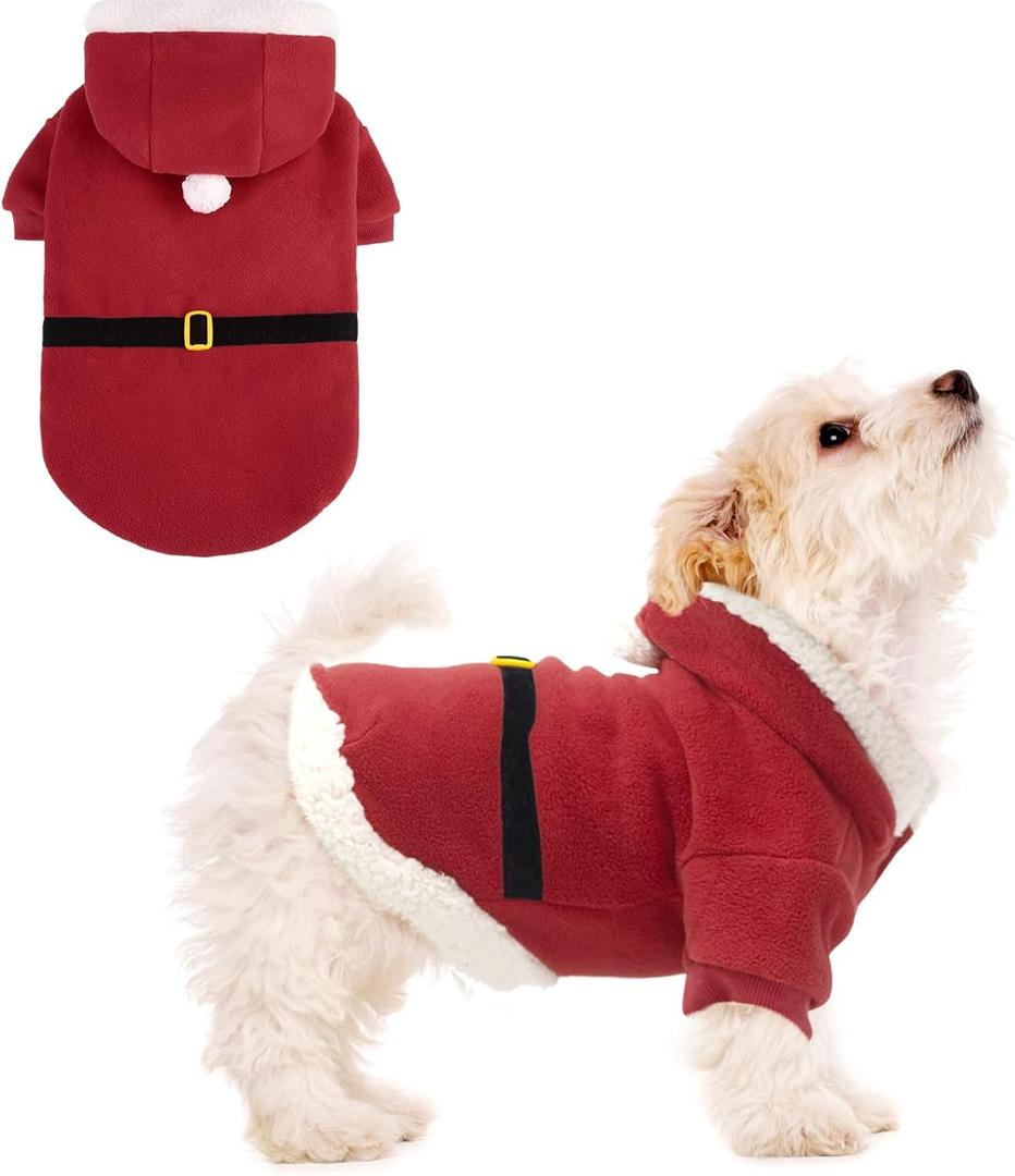 EXPAWLORER Christmas Dog Hoodie - Santa Claus Christmas Costume Outfit, Pet Winter Sweater Coat, Puppy Party Clothes Apparel for Small Medium Dogs S