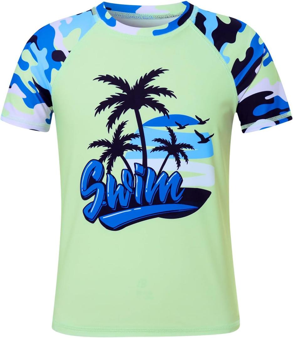 SunFocus Kids Boy Sun Shirt Beach Surf T Shirts Short Sleeve Sun Protection Youth Fishing Water Rash Guard Shirts Size 12-13 Camouflage