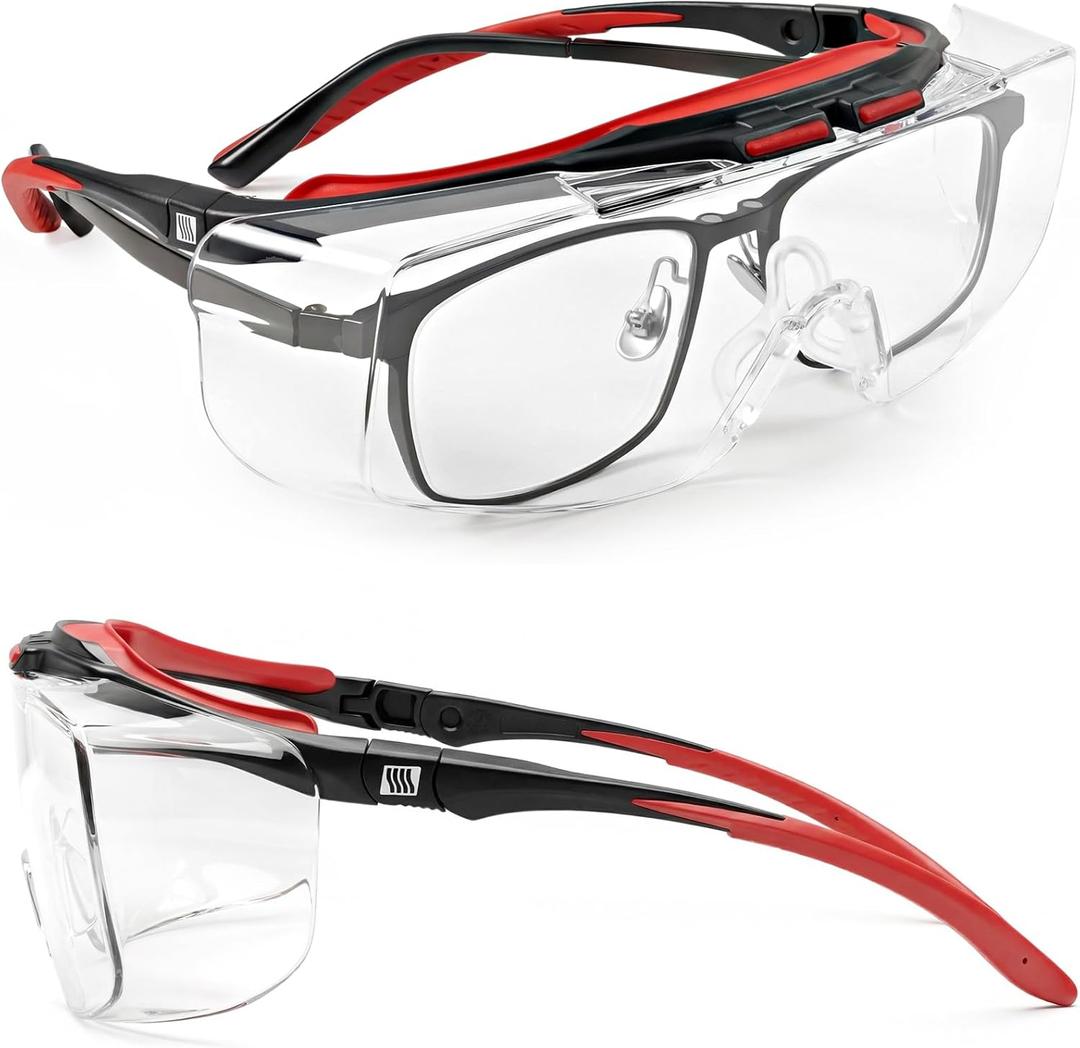 LANON Safety Glasses Over Eyeglasses, ANSI Z87.1 Lenses with Anti-Fog & Scratch, UV Protection, Soft TPR Nose Pads, Adjustable Protective Eyewear Goggles