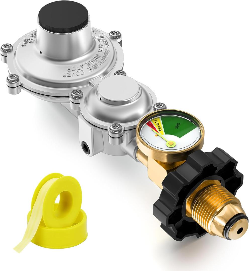NUPICK Two Stage Propane Regulator with Gauge, RV Gas Regulator with POL Inlet X 3/8" Female NPT Outlet, Supports 20-100 Lb Tank, for RV, BBQ Grill, Heater, Generator, and Outdoor Appliances (Short)