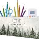Let It Snow Christmas Pen Pencil Holder for Desk, Winter Office Decor, Christmas Winter Forest Pine Tree Wooden Box Block Sign for Home Office Desk Tabletop Decoration