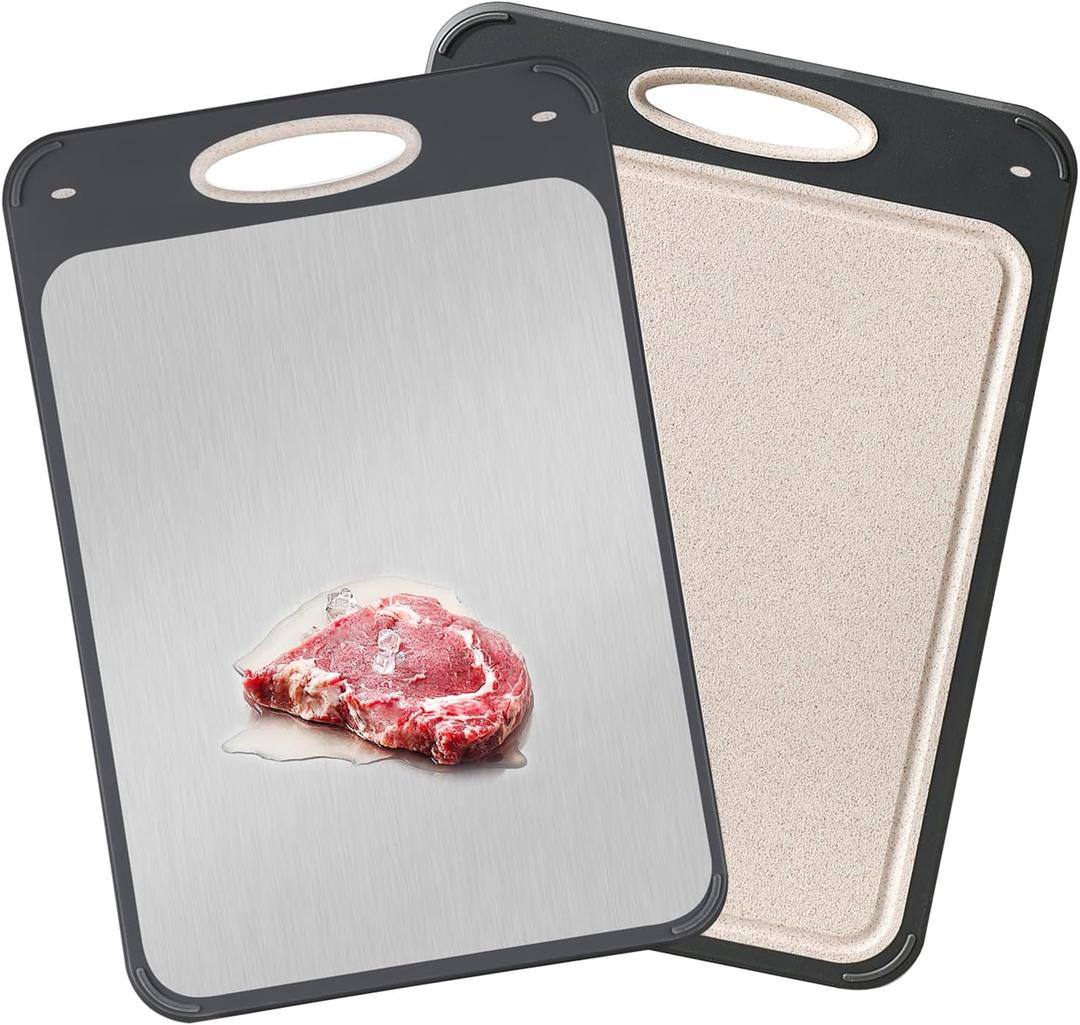 GUANCI Cutting Board for Kitchen Double Sided 304 Stainless Steel Chopping Board Food-Grade Stainless Steel and Wheat Straw PP Samll Size 149.6 Easy to Clean, Pack of 1 