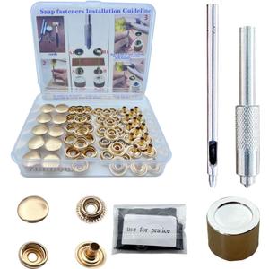 15MM Leather snap Fasteners kit Brass Heavy Duty with Sharp Hole Punch Cutter and Standard Install ToolPractice Operations Webbing for ClothesJacketsJeans Wears Bags (Pale Gold, 25)